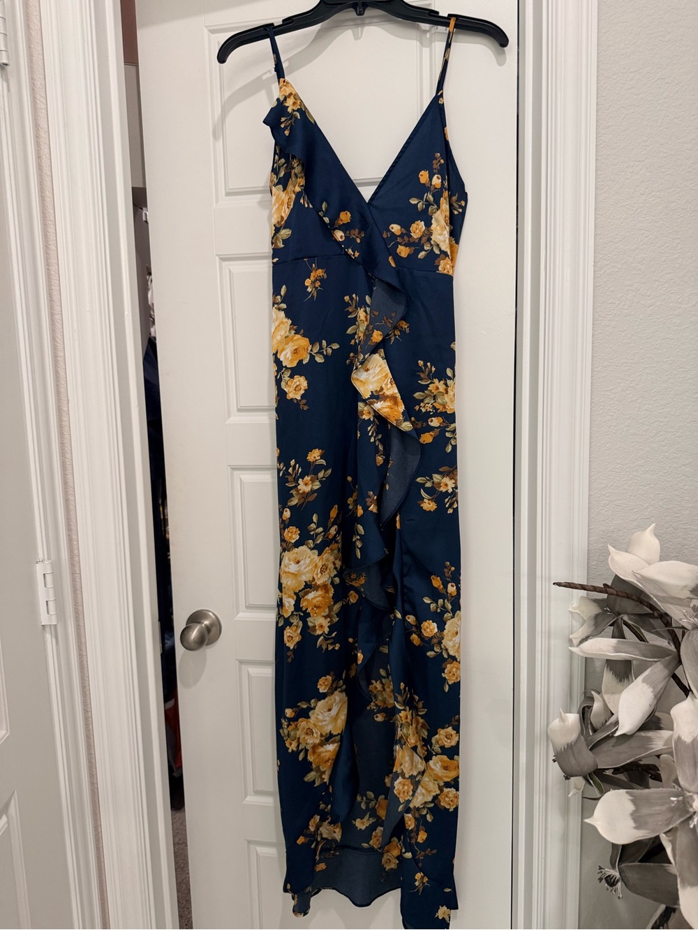 Dress Forum Navy Floral Ruffle Dress with Yellow Blooms